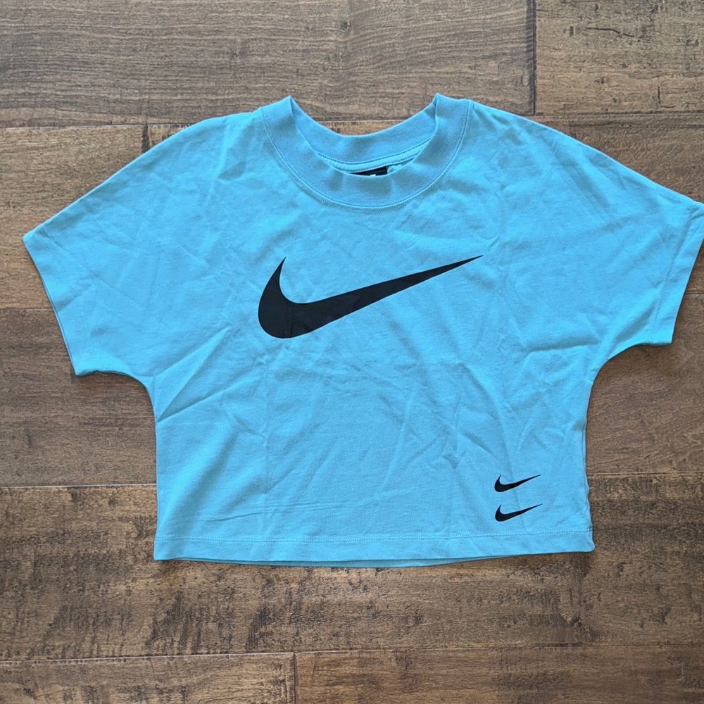 NWOT Nike Aqua Blue Crop Top with Black Logo